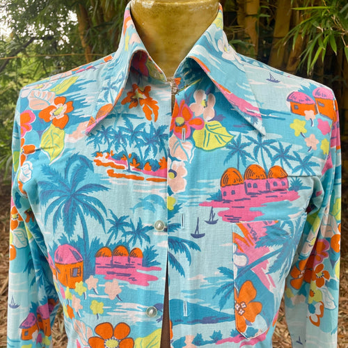 1970's Vintage Blue Pink Tropical Floral Cotton L/S Shirt Sz S - OOAK - Phoenix Menswear