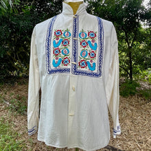 Load image into Gallery viewer, 1970's Vintage Guatemalan Handmade Embroidered L/S Shirt Cream Blue Red Sz M - OOAK - Phoenix Menswear