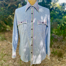 Load image into Gallery viewer, 1970's Vintage Hand Embroidered Blue Denim L/S Shirt Pockets Cotton Sz M - OOAK - Phoenix Menswear