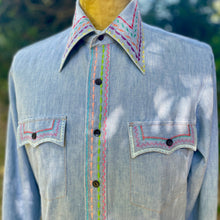 Load image into Gallery viewer, 1970's Vintage Hand Embroidered Blue Denim L/S Shirt Pockets Cotton Sz M - OOAK - Phoenix Menswear