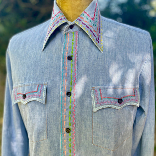 1970's Vintage Hand Embroidered Blue Denim L/S Shirt Pockets Cotton Sz M - OOAK - Phoenix Menswear