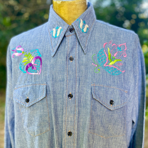 1970's Vintage Hand Embroidered Blue Denim L/S Shirt Pockets Cotton Sz XL - OOAK - Phoenix Menswear