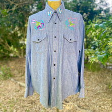 Load image into Gallery viewer, 1970's Vintage Hand Embroidered Blue Denim L/S Shirt Pockets Cotton Sz XL - OOAK - Phoenix Menswear