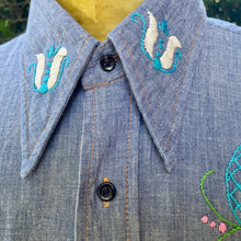 Load image into Gallery viewer, 1970's Vintage Hand Embroidered Blue Denim L/S Shirt Pockets Cotton Sz XL - OOAK - Phoenix Menswear