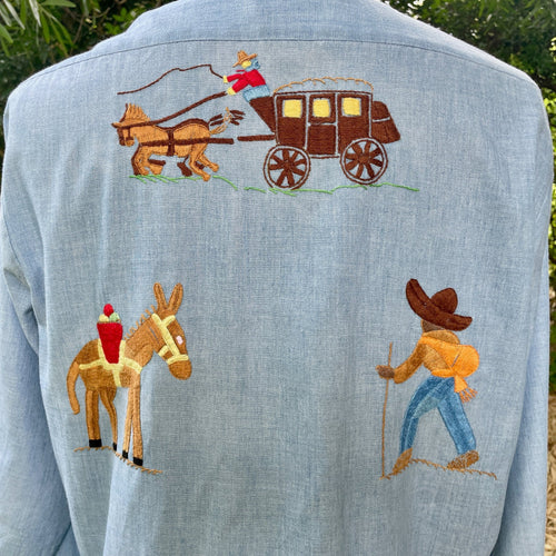 1970's Vintage Handmade Embroidered Stage Coach Cowboy Horse Denim Shirt Sz L - OOAK - Phoenix Menswear