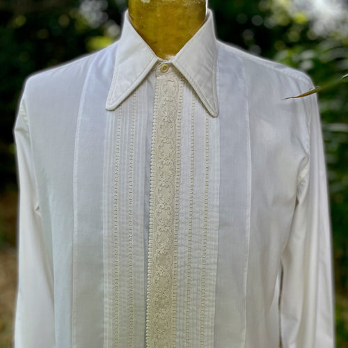1970s Vintage White Frills Dress Shirt Formal Cotton L/S Sz M - OOAK - Phoenix Menswear