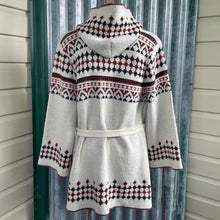 Load image into Gallery viewer, 1970's Women's Hooded Knit Cardigan Belted Pockets Cream Brown Geometric Design Jumper Sz S - OOAK - Phoenix Menswear