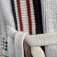 Load image into Gallery viewer, 1970's Women's Hooded Knit Cardigan Belted Pockets Cream Brown Geometric Design Jumper Sz S - OOAK - Phoenix Menswear