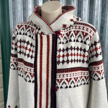 Load image into Gallery viewer, 1970's Women's Hooded Knit Cardigan Belted Pockets Cream Brown Geometric Design Jumper Sz S - OOAK - Phoenix Menswear