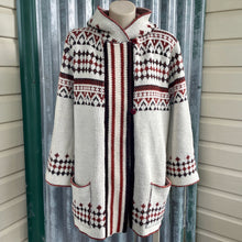 Load image into Gallery viewer, 1970's Women's Hooded Knit Cardigan Belted Pockets Cream Brown Geometric Design Jumper Sz S - OOAK - Phoenix Menswear