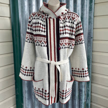 Load image into Gallery viewer, 1970's Women's Hooded Knit Cardigan Belted Pockets Cream Brown Geometric Design Jumper Sz S - OOAK - Phoenix Menswear