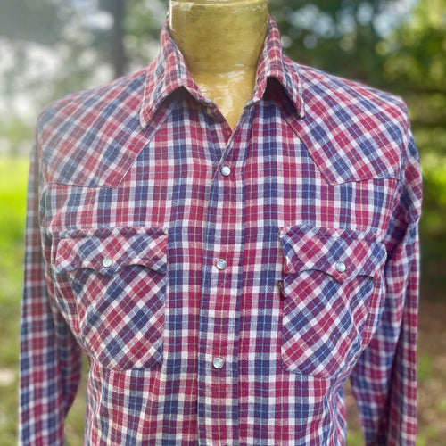1980's Vintage Levis Flannel Western Red Grey Blue Check Shirt Snaps L/S Sz M - OOAK - Phoenix Menswear