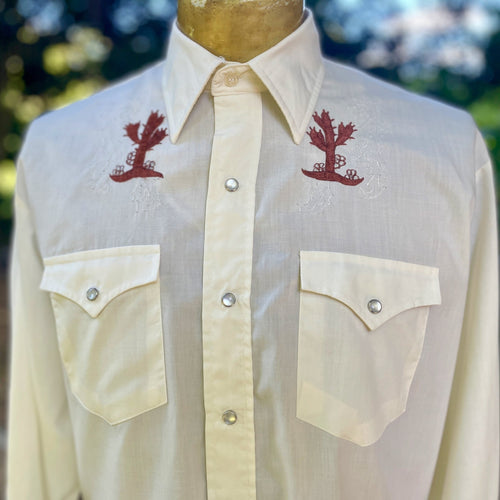 1980's Vintage Western Cactus Embroidered Cowboy L/S Shirt Snaps Cream Brown Sz L - OOAK - Phoenix Menswear