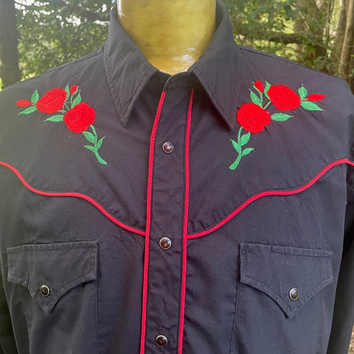 1980's Vintage Western Cattleman Shirt Black Red Roses Embroidered Shirt Snaps L/S Sz XL - OOAK - Phoenix Menswear