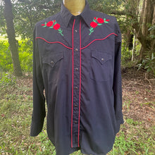 Load image into Gallery viewer, 1980's Vintage Western Cattleman Shirt Black Red Roses Embroidered Shirt Snaps L/S Sz XL - OOAK - Phoenix Menswear