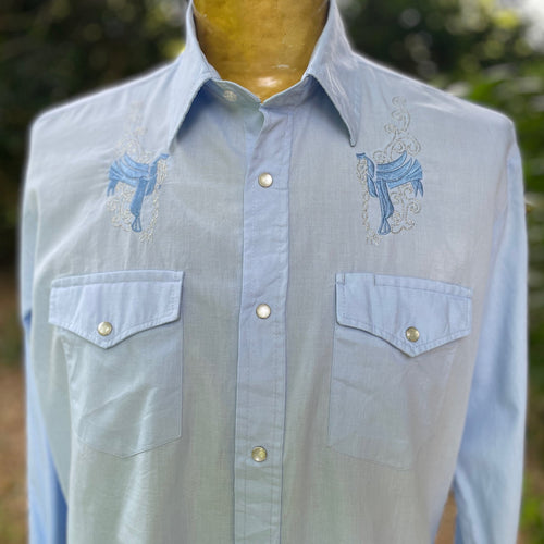 1980's Vintage Western Pale Blue Cowboy Saddle L/S Shirt Snaps Sz M - OOAK - Phoenix Menswear