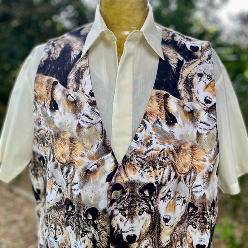 1980's Vintage Wolves Print Vest Handmade Cream Brown Sz XXL - OOAK - Phoenix Menswear