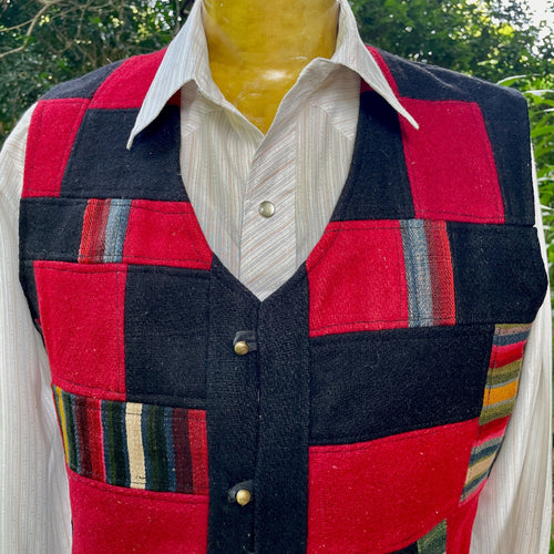1980's Vintage Wool Handmade Patchwork Vest Nepalese Navy Blue Red Back Lined Pockets Sz L - OOAK - Phoenix Menswear