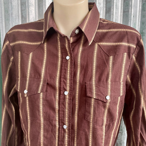 1980's Women's Vintage Brown Stripe Western Cowgirl L/S Shirt Snaps Sz M - OOAK - Phoenix Menswear