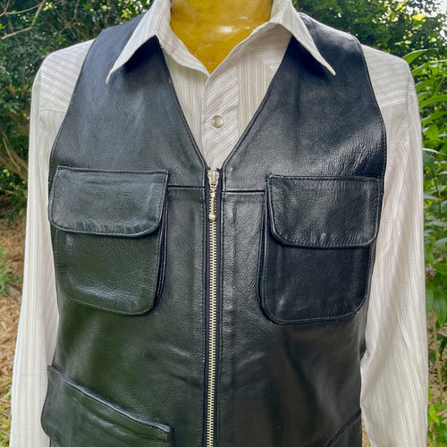 1990's Heavy Vintage Black Leather Biker's Vest Zips Pockets Sz M - OOAK - Phoenix Menswear