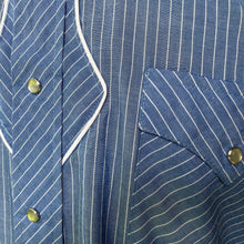 Load image into Gallery viewer, 1990's Kenny Rogers Vintage Western Pinstripe Blue White Piping Cowboy L/S Shirt Snaps Made in the USA Sz L - OOAK - Phoenix Menswear