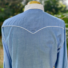 Load image into Gallery viewer, 1990's Kenny Rogers Vintage Western Pinstripe Blue White Piping Cowboy L/S Shirt Snaps Made in the USA Sz L - OOAK - Phoenix Menswear