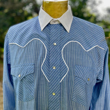 Load image into Gallery viewer, 1990's Kenny Rogers Vintage Western Pinstripe Blue White Piping Cowboy L/S Shirt Snaps Made in the USA Sz L - OOAK - Phoenix Menswear