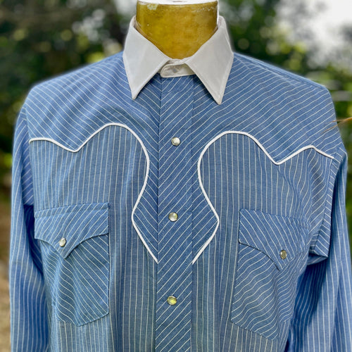 1990's Kenny Rogers Vintage Western Pinstripe Blue White Piping Cowboy L/S Shirt Snaps Made in the USA Sz L - OOAK - Phoenix Menswear