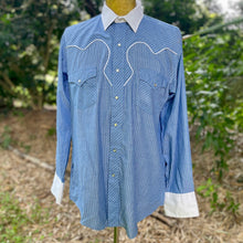 Load image into Gallery viewer, 1990's Kenny Rogers Vintage Western Pinstripe Blue White Piping Cowboy L/S Shirt Snaps Made in the USA Sz L - OOAK - Phoenix Menswear