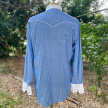 Load image into Gallery viewer, 1990's Kenny Rogers Vintage Western Pinstripe Blue White Piping Cowboy L/S Shirt Snaps Made in the USA Sz L - OOAK - Phoenix Menswear