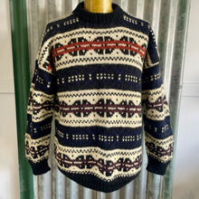 Load image into Gallery viewer, 1990's Vintage Hand Knitted Chunky Wool Jumper Blue White Red Geometric Sz XL - OOAK - Phoenix Menswear