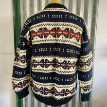 Load image into Gallery viewer, 1990's Vintage Hand Knitted Chunky Wool Jumper Blue White Red Geometric Sz XL - OOAK - Phoenix Menswear