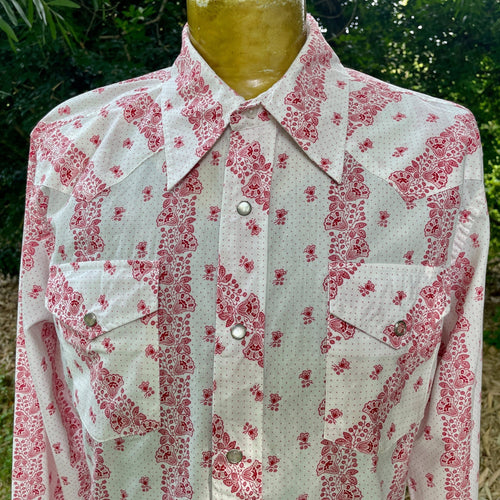 1990's Vintage Western Floral Red White L/S Shirt Snaps Sz L - OOAK - Phoenix Menswear