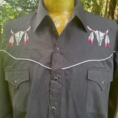 1990's Vintage Western Shirt Black Bull Steer Head Shirt Snaps L/S Sz XL - OOAK - Phoenix Menswear