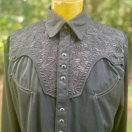 1990's Vintage Western Shirt Black Floral Embroidered Snaps L/S Sz M - OOAK - Phoenix Menswear