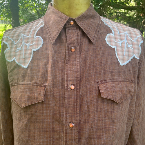 1990's Vintage Western Shirt Brown Check Embroidered Snaps L/S Sz L - OOAK - Phoenix Menswear