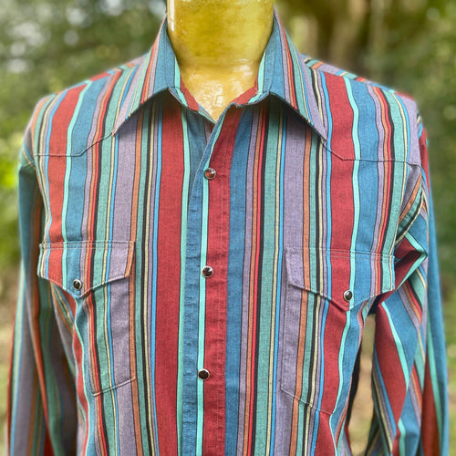 1990's Vintage Wrangler Western Striped Red Green Snaps L/S Shirt Sz L - OOAK - Phoenix Menswear