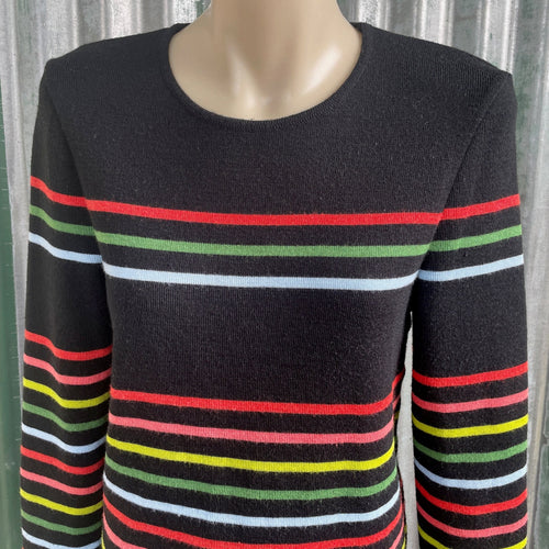1990's Women's Wool Blend Striped Jumper Pullover Black Rainbow Made in France Sz S - OOAK - Phoenix Menswear
