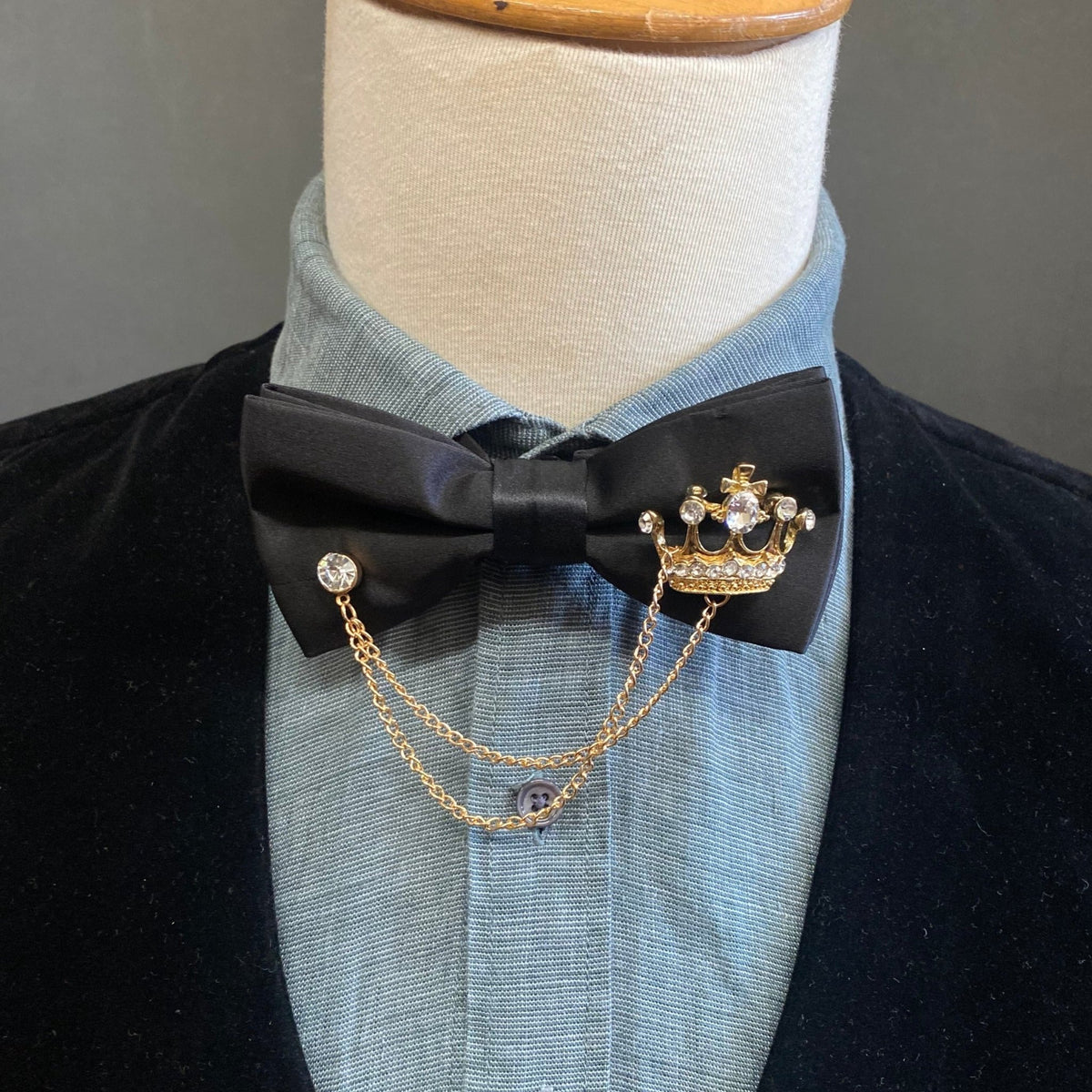 Black Satin Bow Tie with Gold Crown Jewellery and Chain - Steampunk   Phoenix Menswear
