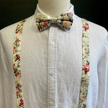 Load image into Gallery viewer, Bow Tie and Braces Suspenders Set - Cream with Pink Floral - Phoenix Menswear