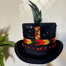 Load image into Gallery viewer, Immortal Kraft Wool Felt Top Hat - Orange Yellow Black Embroidered Trim Black Feathers Beads Sz M - OOAK - Phoenix Menswear