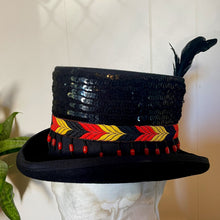 Load image into Gallery viewer, Immortal Kraft Wool Felt Top Hat - Orange Yellow Black Embroidered Trim Black Feathers Beads Sz M - OOAK - Phoenix Menswear