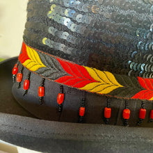 Load image into Gallery viewer, Immortal Kraft Wool Felt Top Hat - Orange Yellow Black Embroidered Trim Black Feathers Beads Sz M - OOAK - Phoenix Menswear