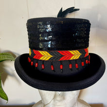 Load image into Gallery viewer, Immortal Kraft Wool Felt Top Hat - Orange Yellow Black Embroidered Trim Black Feathers Beads Sz M - OOAK - Phoenix Menswear