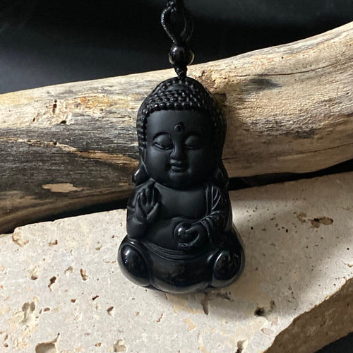 Obsidian Buddha Pendant on Woven Cord Necklace - Phoenix Menswear