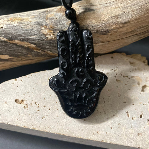 Obsidian Hamsa Hand Om Pendant on Woven Cord Necklace - Phoenix Menswear