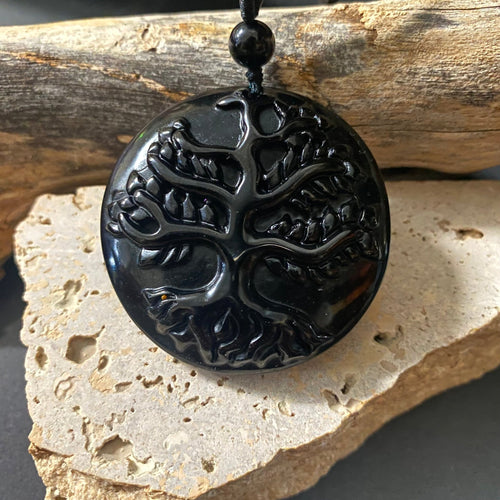 Obsidian Tree of Life Pendant on Woven Cord Necklace - Phoenix Menswear