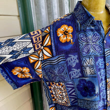 Load image into Gallery viewer, 1980's Hawaiian Bark Cloth Floral S/S Shirt Blue Mustard White Floral Solomon Islands Sz XXL - OOAK - Phoenix Menswear