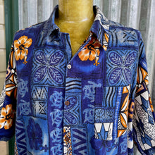 Load image into Gallery viewer, 1980's Hawaiian Bark Cloth Floral S/S Shirt Blue Mustard White Floral Solomon Islands Sz XXL - OOAK - Phoenix Menswear