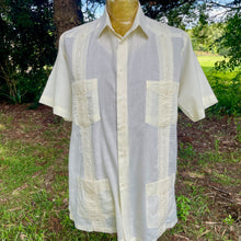 Load image into Gallery viewer, 1980's Vintage Guayabera Embroidered Pockets Yellow Cream S/S Shirt Sz L - OOAK - Phoenix Menswear